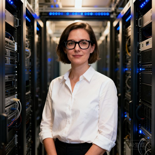 女性数据分析师Elena Rigby，戴黑框眼镜，背景为服务器机房